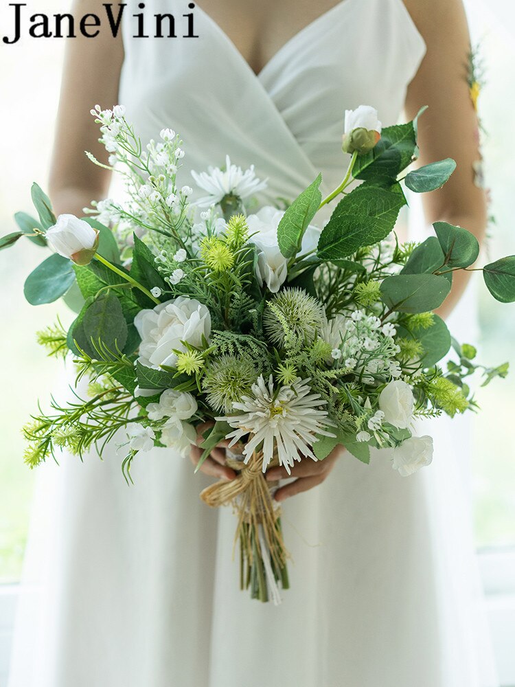 Janevini rose articielle hvid bryllupsbuket grøn brudepige blomst brud håndkrans kunstig brudebuket mariage blanc