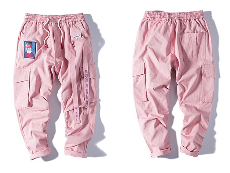 2021 nowa, w stylu Streetwear Hip Hop Cargo spodnie mężczyźni i kobiety wstążka wyszywane litery japońskie spodnie do biegania Casual Harem Pants Pink: L / Różowy