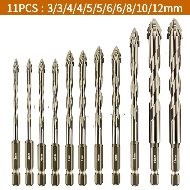 Juego de brocas excéntricas de diente de sierra de cuatro flautas, 12 Uds., 3-12mm, para baldosas de hormigón, cerámica, perforación de madera, juego de brocas para mampostería, herramientas: Plata