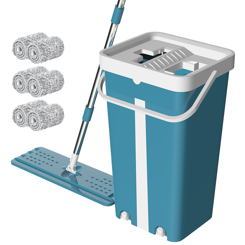 Magic Cleaning Mops Free Hand Mop with Bucket Floors Squeeze Flat Mop with Water Home Kitchen Floor Cleaner: Blue 6 mops