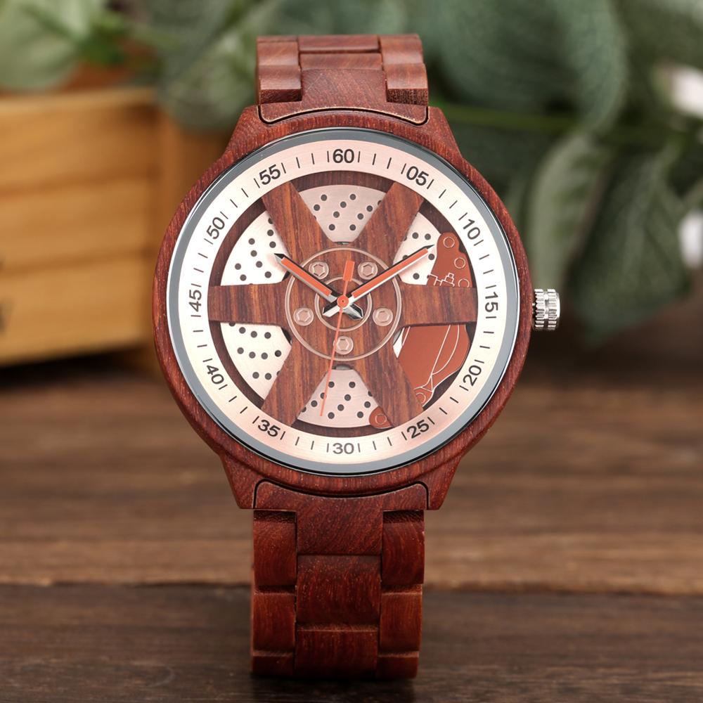Heren Horloge Unieke Wiel Hub Precieze Schaal Rode Houten Horloge Verstelbare Houten Band Horloge Quartz Polshorloge Relojes Hombre
