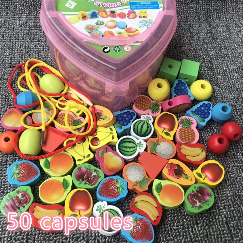 55pcs/lot Baby Wooden Lacing Beads Animals Blocks Heart-shape Stringing Threading Lace Beads Box Educational Preschool Toy: Fruit 50pc