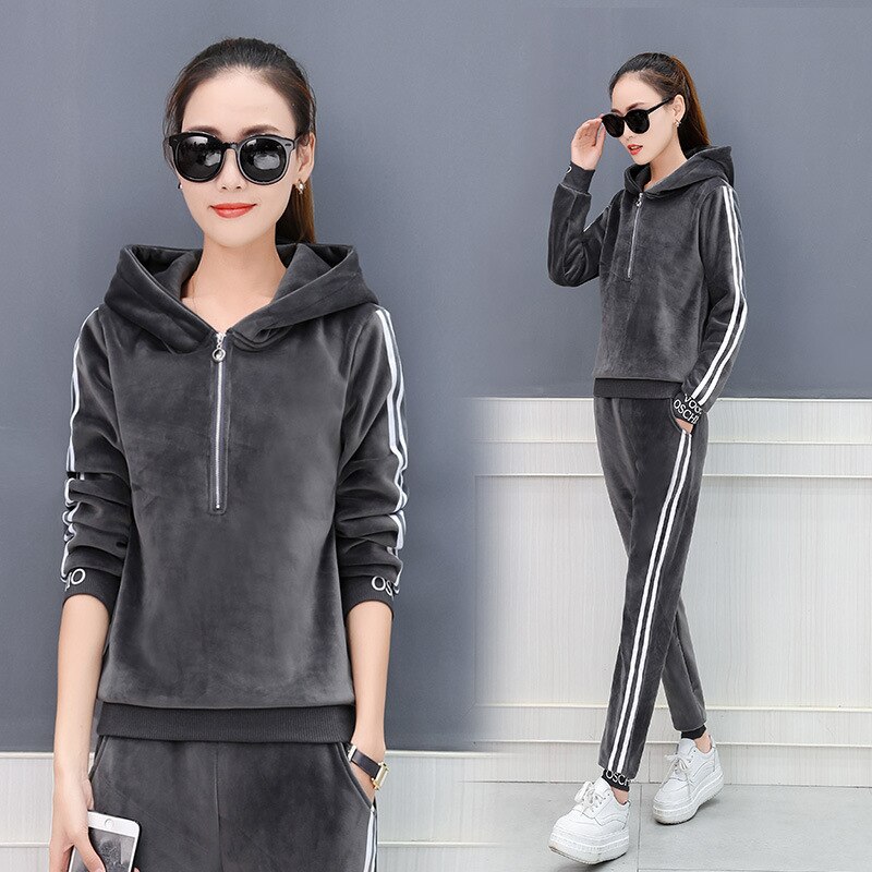 Winter Dik Fluwelen Vrouwen Sportkleding Trainingspak Warm Hoodie Running Jogging Outfits Casual Workout Set Sport Pak Sweatshirt + Broek: grey / 3XL