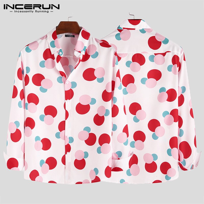 INCERUN Men Harajuku Polka Dot Printed Long Sleeve Shirts Lapel Collar Button Down Blouse Camisa Masculina