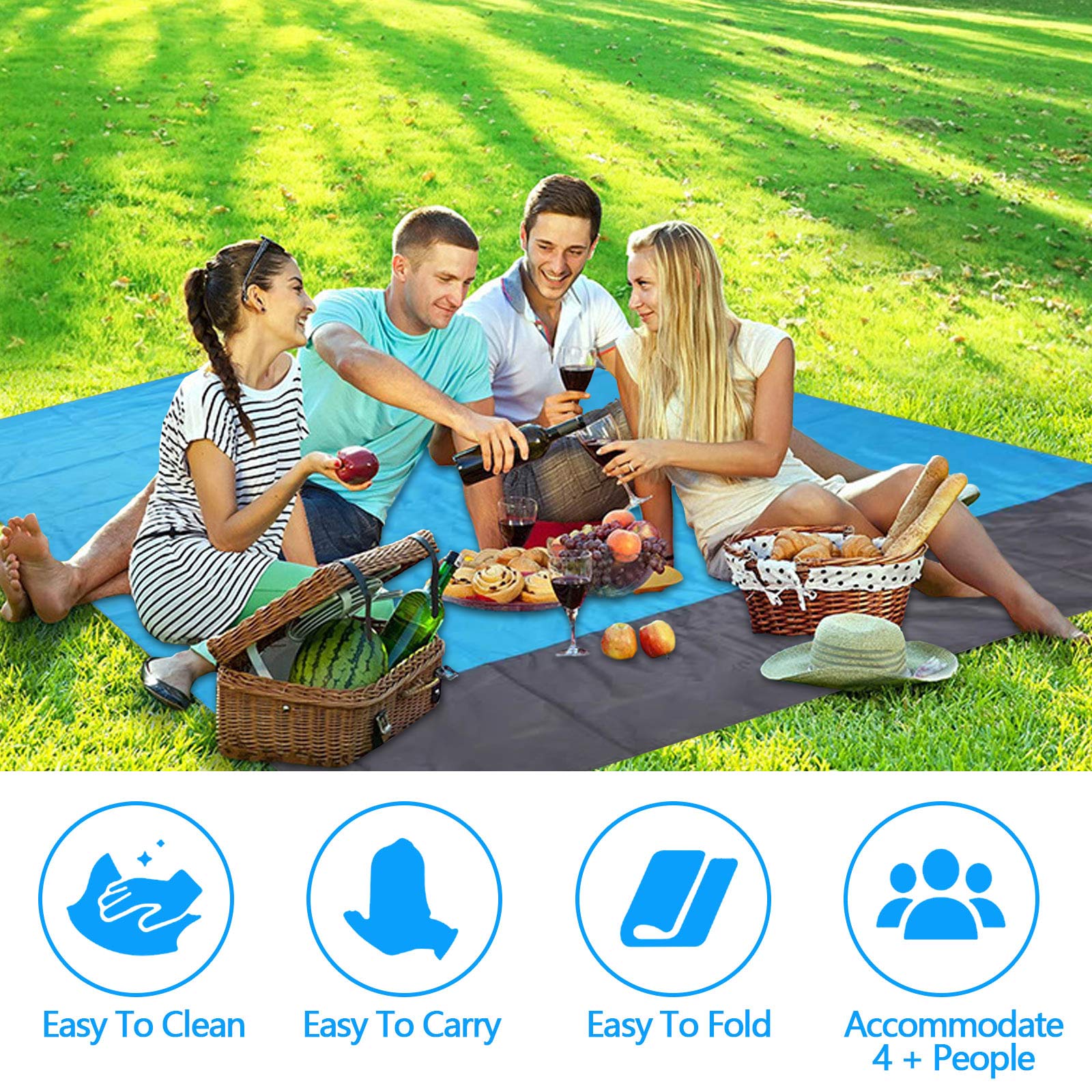 Coperta da spiaggia portatile impermeabile a prova d'umidità stuoia da Picnic all'aperto con borsa picchetti moschettone per campeggio spiaggia escursionismo 79x83in