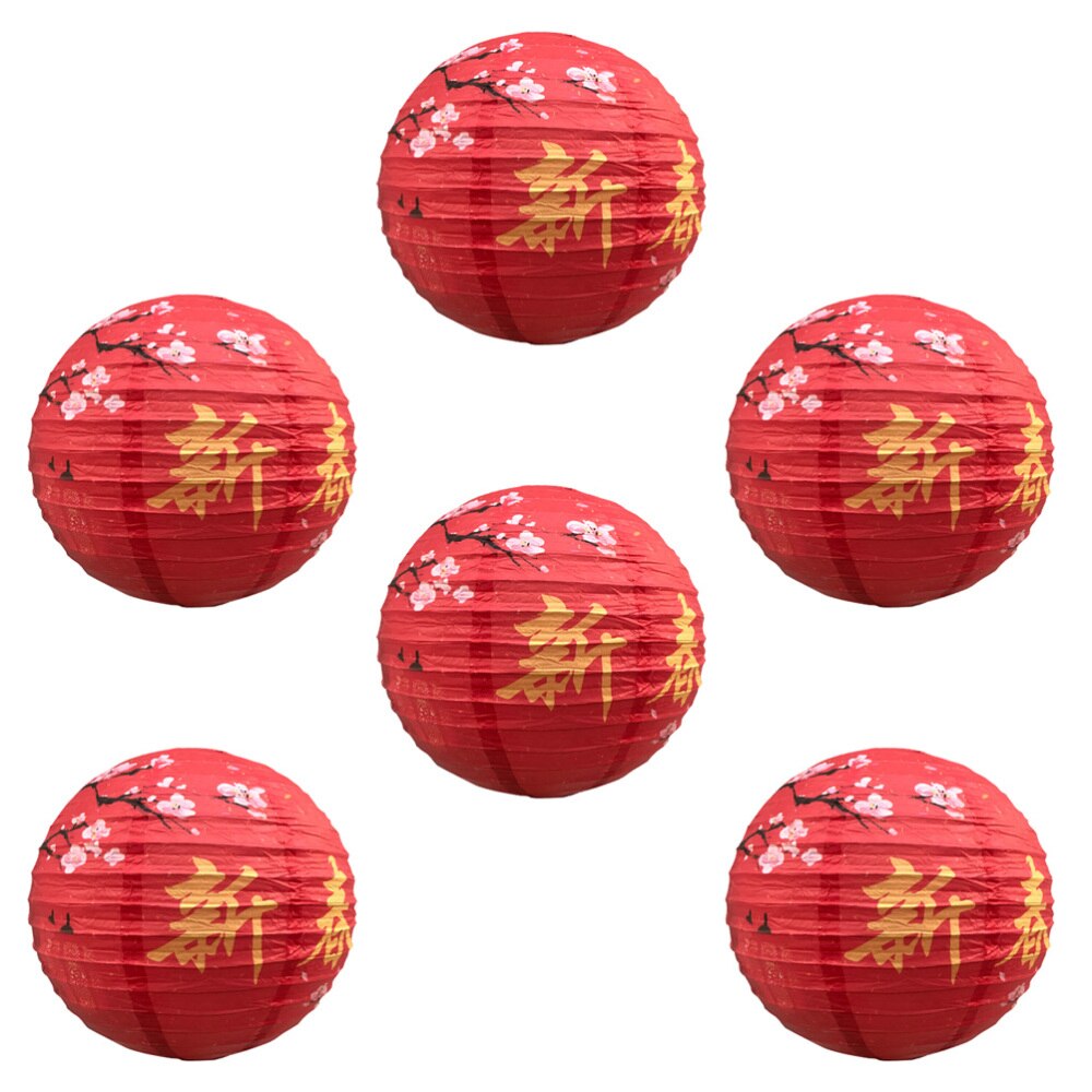 6pcs Chinese Year Paper Lanterns Red Celebration Decoration Round Hanging Lantern Party Supplies (Happy Year, 30cm)