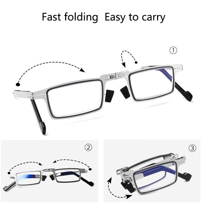 Modieuze Mini Folding Leesbril Voor Mannen Anti-Blauw Licht Verziend Glazen Opvouwbare Full Frame Metalen Zwart Met Case