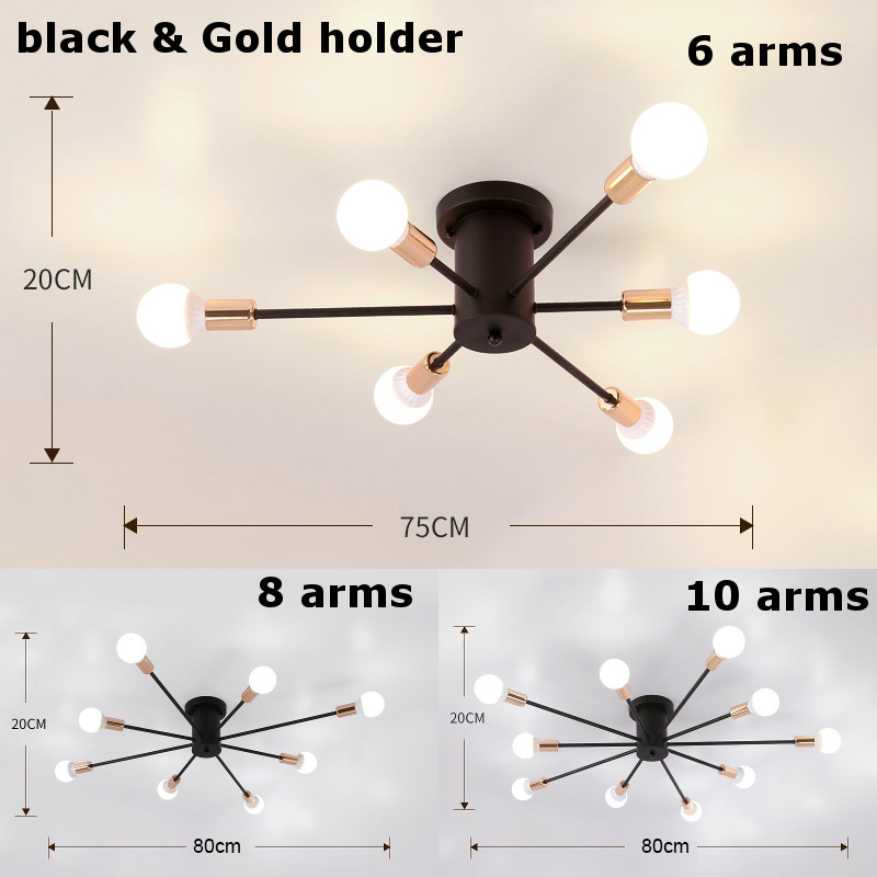 retro Eisen Kronleuchter Schwarz/Weiß 6/8/10 Steckdosen Beleuchtung Jahrgang Spinne Kronleuchter Moderne Decken Lampe Licht Leuchte Beleuchtung: Schwarz golden Halter / 6 Steckdosen