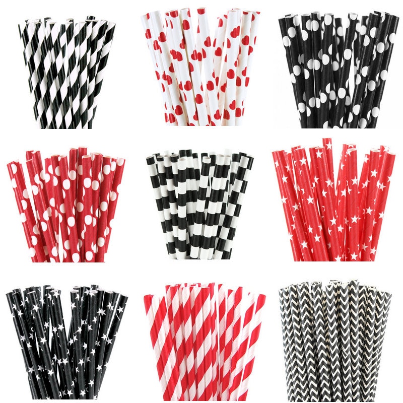 25pcs Black Red Paper Straws Straws For Birthday Wedding Decorative Party Event Drinking Straws Supplies