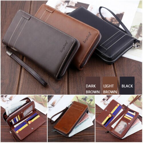 Herre lang læder bifold pung id-kortholder clutch checkhæfte taske smart pung mini slim kort pung punge til mænd