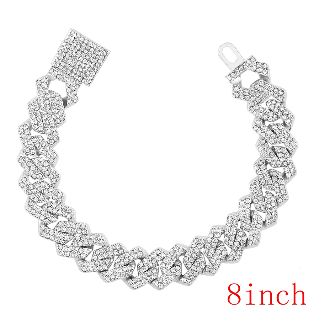 14MM Miami Prong Cuban Link Chain Necklace for Women Gold Silver Color Luxury 2 Row Rhinestones Cuban Choker Iced Out Jewelry: Imitation Rhodium Plated