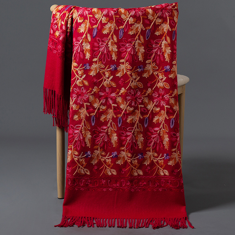 Bufanda de Cachemira con bordado Floral de lujo para mujer, chal cálido de invierno, Pashmina suave y grueso, Foulard, manta con borlas para mujer, bufandas: Beige