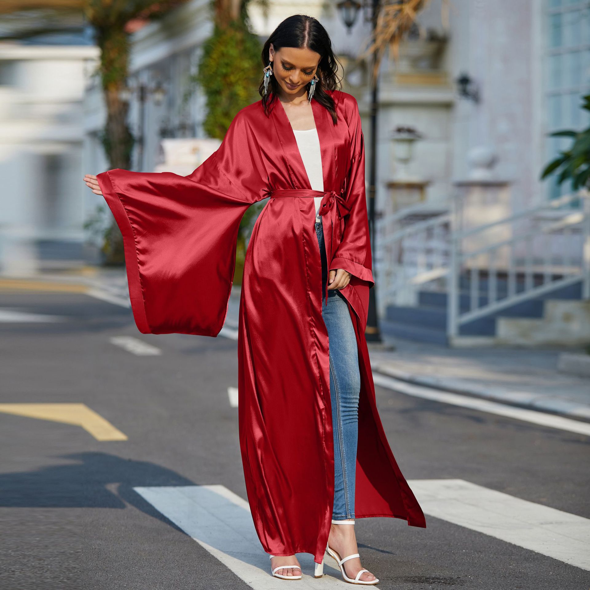 Vinter silke langærmede kvinder sexet v-hals kimono gravid fest nattøj badekåbe gennemsigtig natkjole: Rød