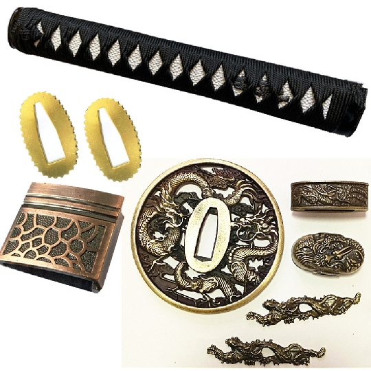 Japanese Samurai Sword Katana/Wakizashi/Tanto Guard Accessory Set Kirsite Dragon Tsuba+Menuki+Fuchi+Kashira+Handle+Habaki+Seppa: A