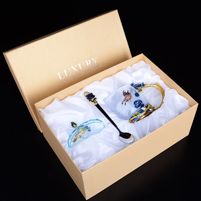 Glass Coffee Mug Tea Cup Enamel Crystal Flower High-grade Handgrip for Lover Wedding R2078: Blue Set 1