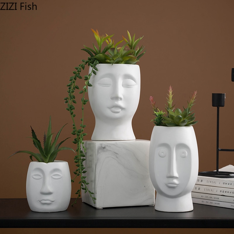 Jarrones creativos blancos para flores cara humana abstracta maceta de plantas suculentas arreglo de flores accesorios de decoración del hogar