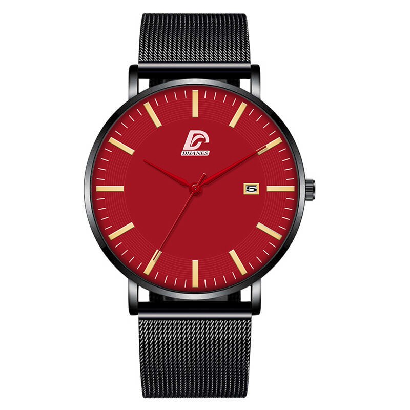 Dijanes miesten business minimalistiset kellot ultraohut ruostumaton teräsverkko vyö analoginen kvartsi rannekello reloj hombre: Verkko musta punainen