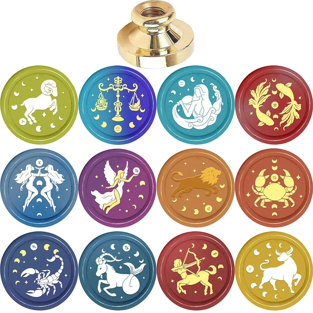 12 stjärntecken vaxstämplar runda avtagbara förseglade mässingsvaxstämpelhuvuden för att dekorera kuvert födelsedagskort anteckningsbok