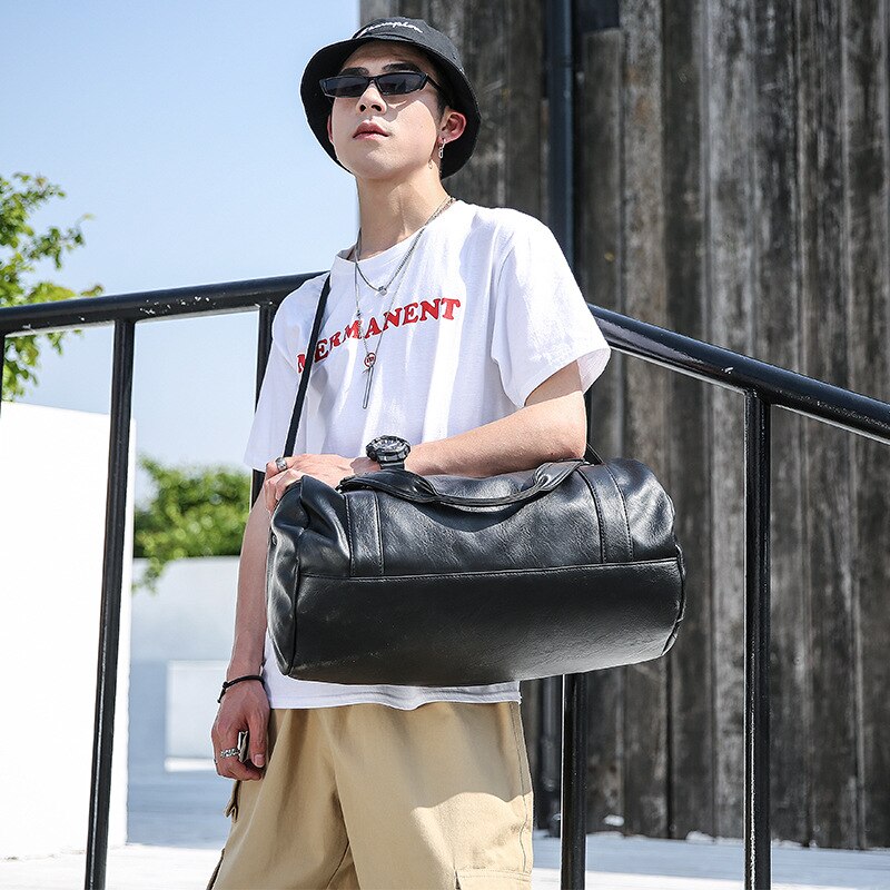 Mannen Mode Emmer Reistas Waterdicht Pu Lederen Bagage Tas Mannelijke Effen Zwarte Handtas Grote Schoudertas Casual Tote retro