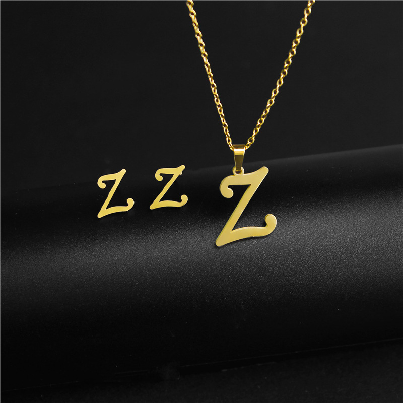 A-Z 26 charm Initial Necklace And Stud Earrings Jewelry Sets Alphabet Pendant Chain Letter mom: Champagne gold