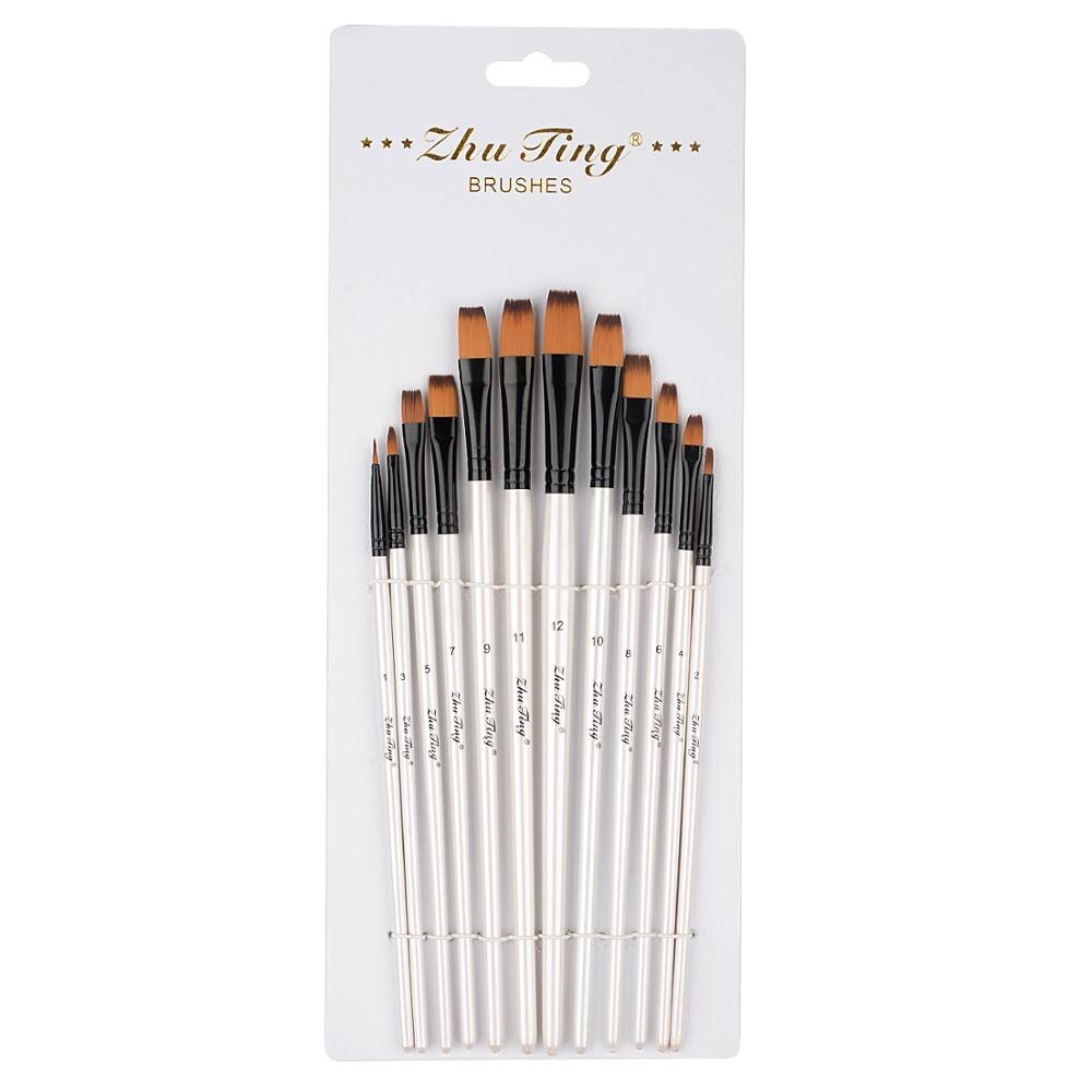12 Stuks Nylon Borstels Aquarel Penseel Pen Set Ronde/Platte/Angel/Hazelaar Voor Acryl Olie body Painting Art Supplies: Flat