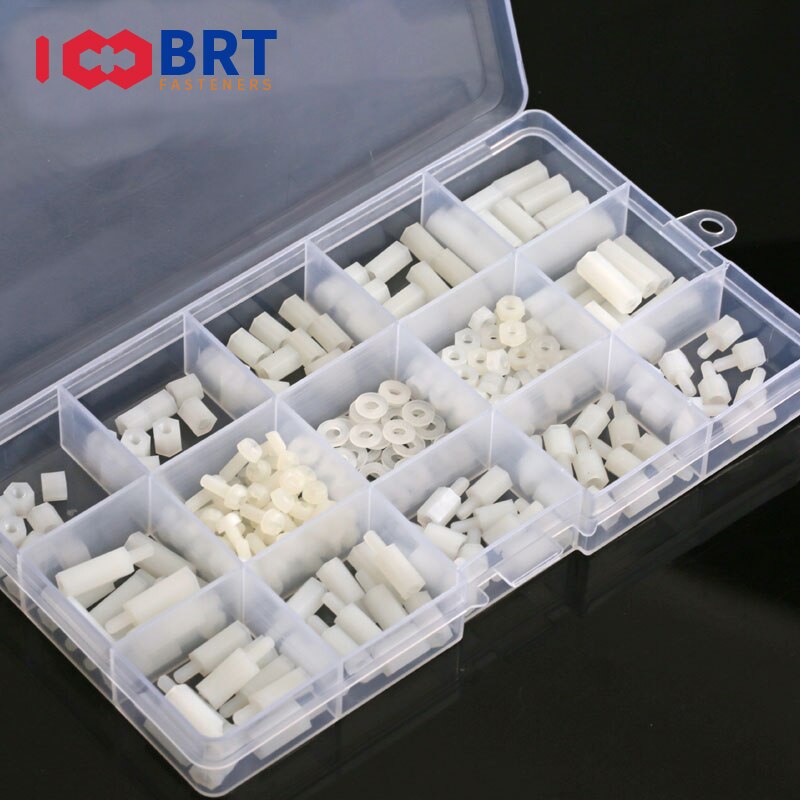 210 st/set  m2 m2.5 m3 m4 svart/vit hex nylon distans distans kolumn platt huvud plast mellanrum skruvar muttrar