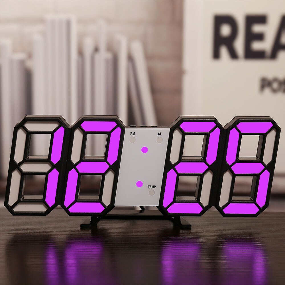 Led Digitale 3D Wandklok Usb Elektronische Wekkers Datum Temperatuur Automatische Backlight Tafel Desktop Klok Woondecoratie: Black purple