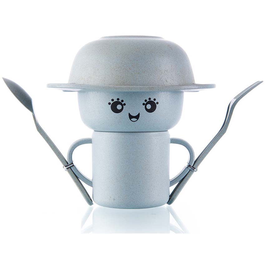 5Pcs Child Tableware Wheat Straw Sange Snack Tray with Spoon Fork Cup Skid Platter Tableware Baby Eating Supplies Beautiful Tray: Blue Stand Man Set