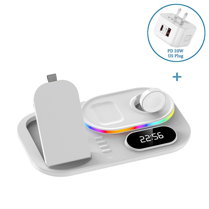 Qi 3 in 1 schnellladestation für iphone 13, 12 11 pro max/apple watch 7, 6 se/ airpods pro, kabelloses ladegerät mit uhrfunktion: Weißer us-stecker (c)