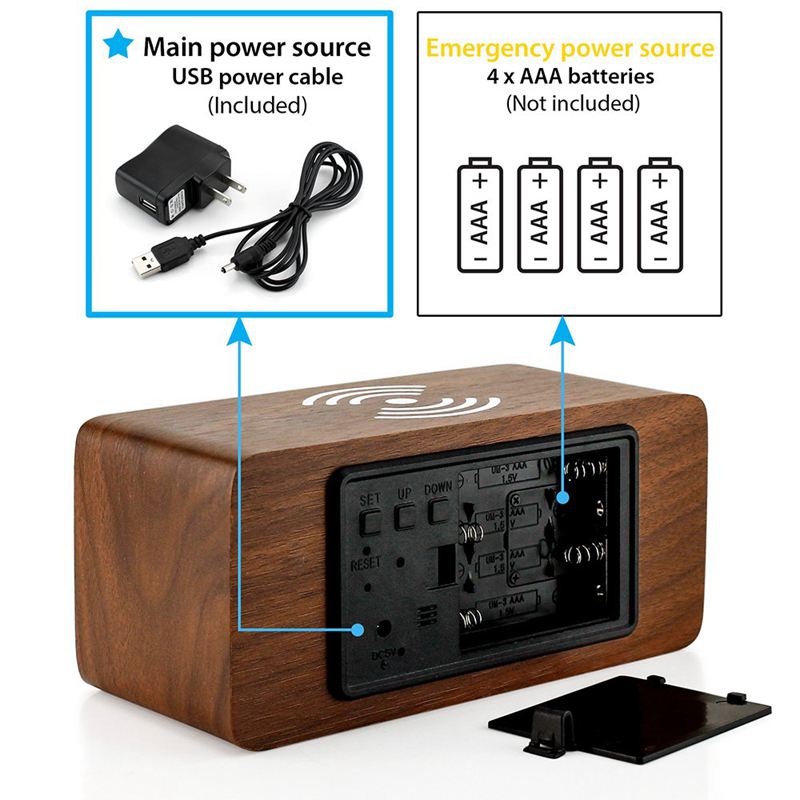 Vækkeur med til qi trådløs opladningsplade kompatibel med til iphone samsung træ ledet digital ur lydkontrolfunktion,
