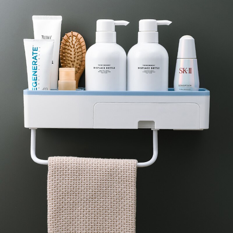 Gesew vægmonteret hylde plastik sugekop badeværelseshylde shampoo kosmetisk opbevaringsholder multifunktionelt badeværelsestilbehør: Blå
