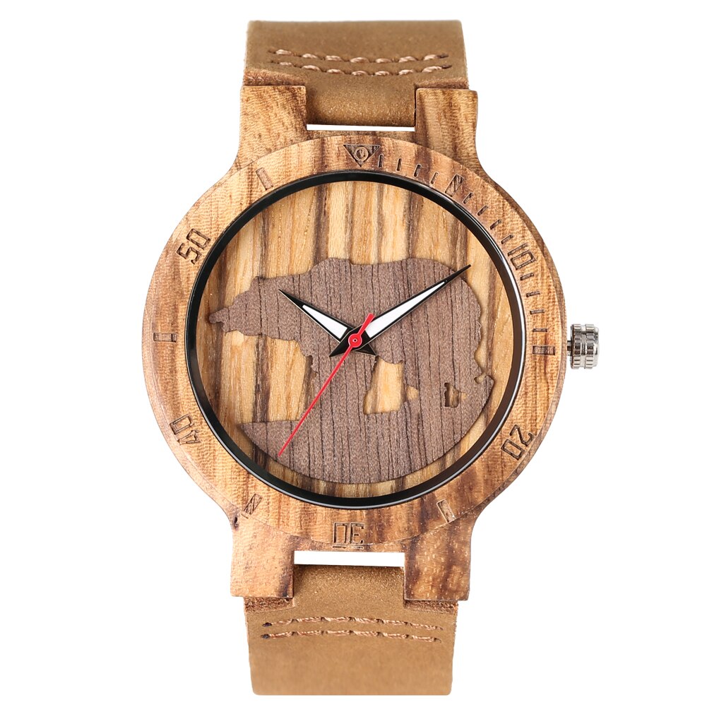Montre classique en bois de Quartz pratique ours polaire lumineux Silhouette Unique en trois dimensions montre en bois hommes horloge: 1