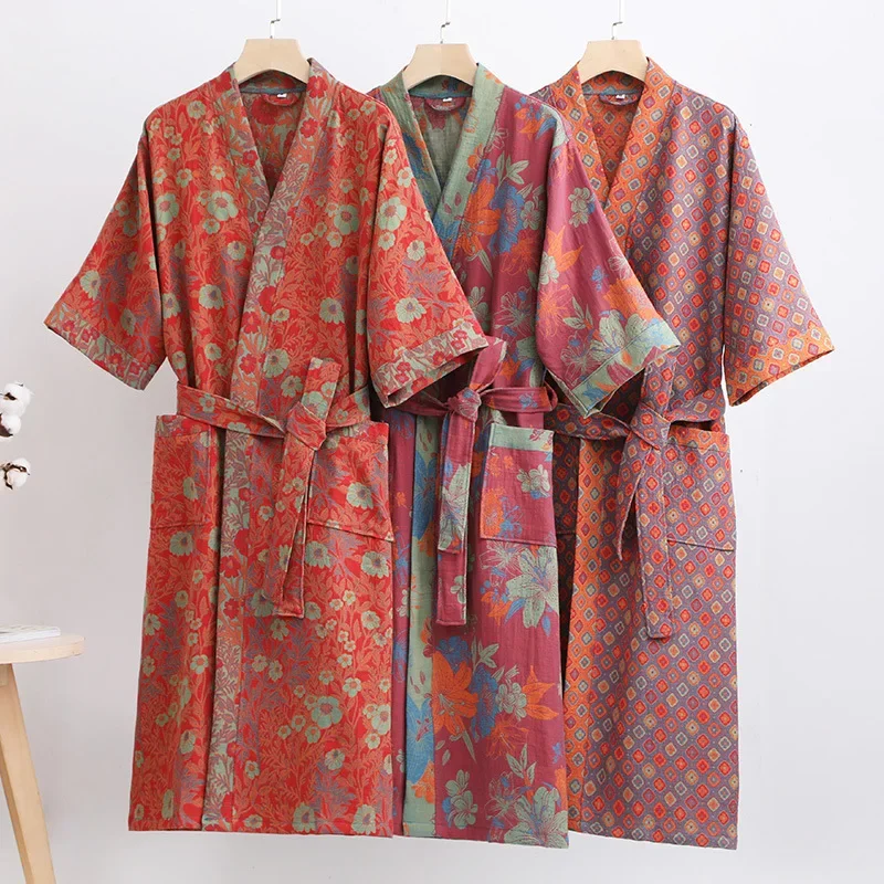Albornoz de gasa de doble capa de algodón puro para primavera/verano, tela fina teñida, ropa de hogar para parejas, bata tipo kimono de estilo japonés, pijama