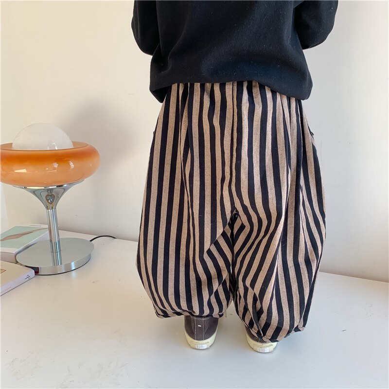 2022 Spring Kids cotton linen loose bloomers Children vertical stripe trousers