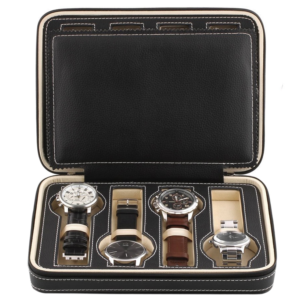 8 Grids Watch Display Storage Box Case Tray Zippered Travel Watch Collector Case Faux Leather Black
