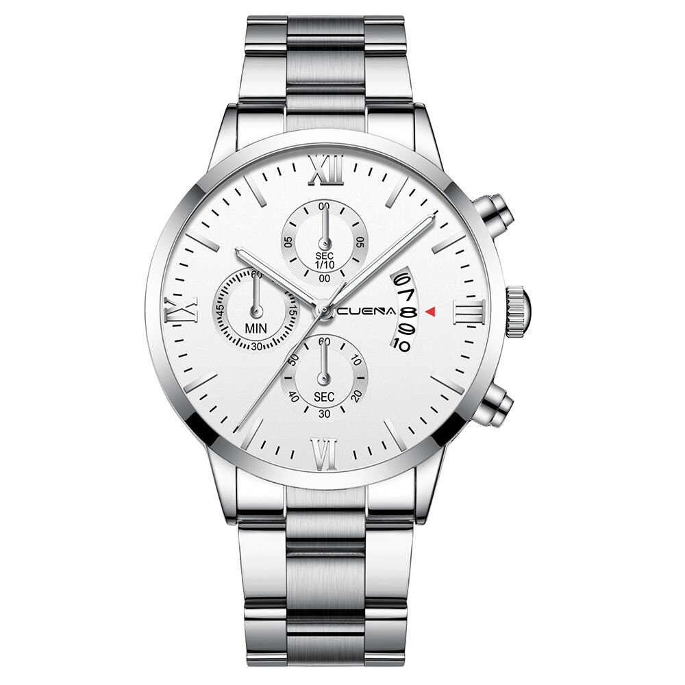 Cuena-reloj con correa de acero para hombre y mujer, cronógrafo de cuarzo con tres ojos, calendario de seis piezas,: O