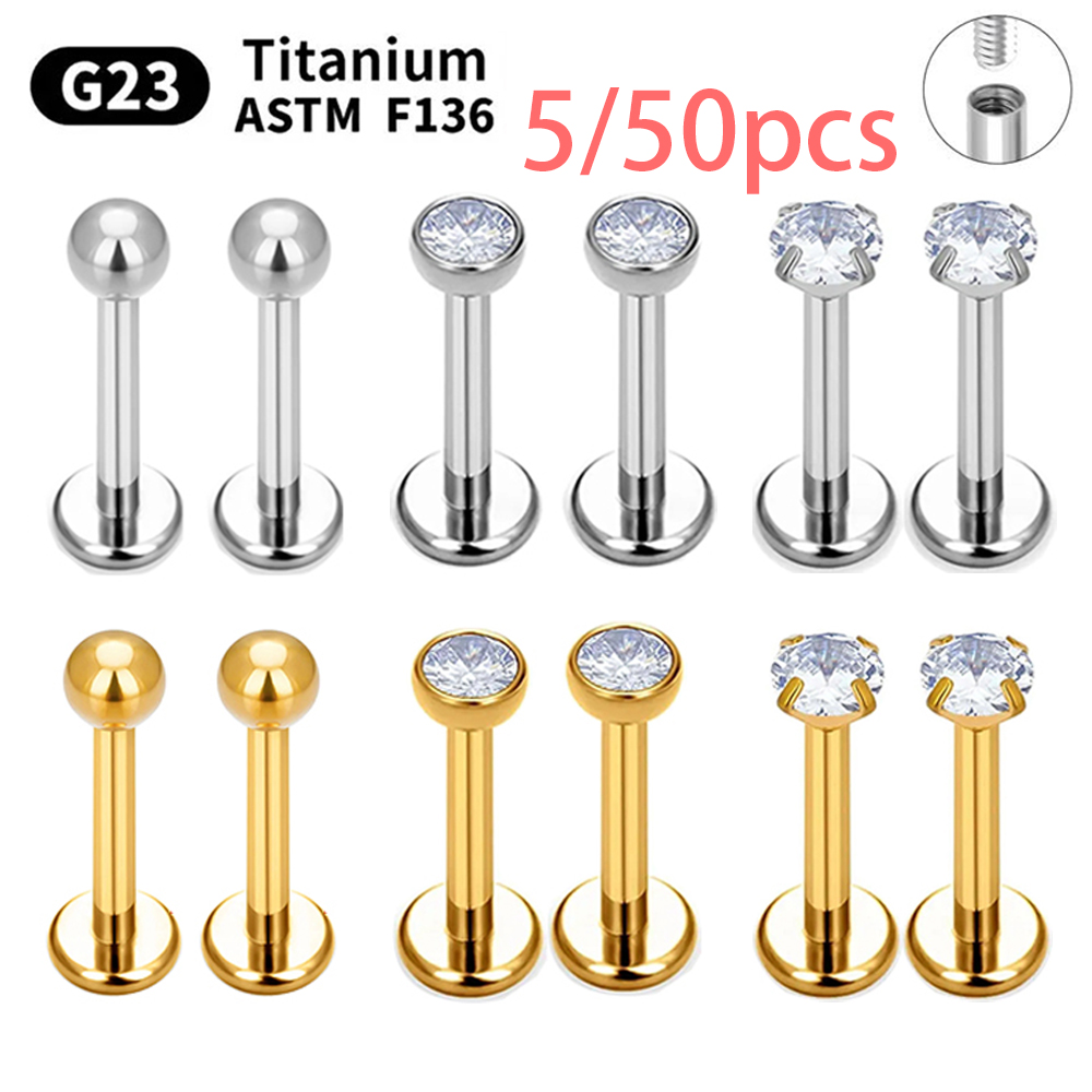 5/50 Uds G23 Ttianium Piercing Labret labio Stud 16G hilo interno pendiente oreja Nasal clavo Tragus cartílago hélice Daith cuerpo