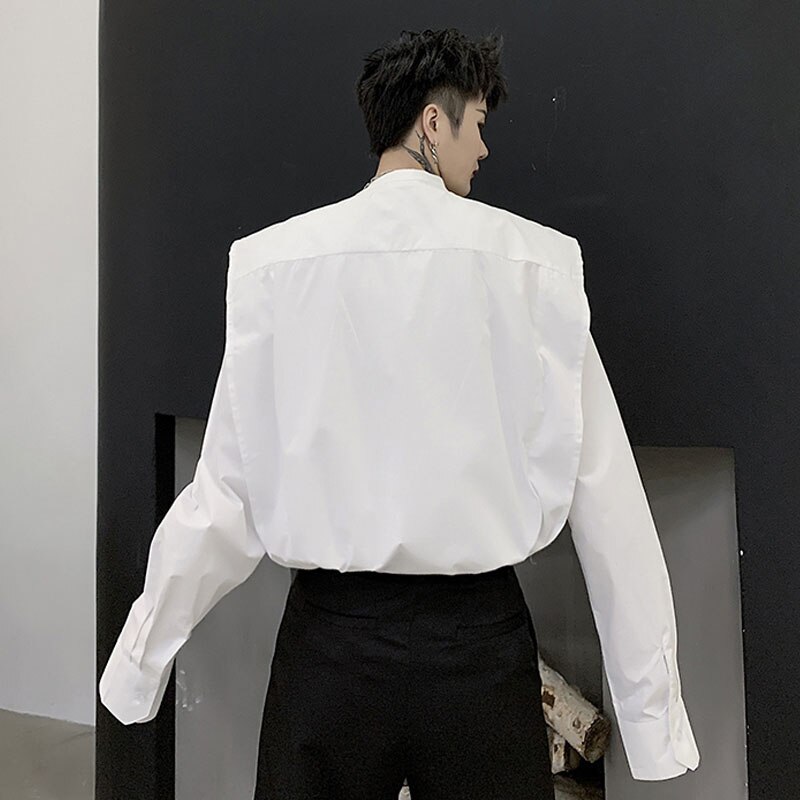 Camisa informal de manga larga con hombros anchos y cuello alto de color blanco para hombre, ropa de calle de Japón, vestido suelto a la , camisa, ropa para escenario