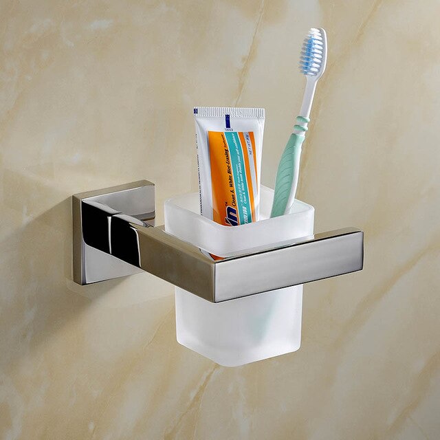 SUS 304 Stainless Steel Bathroom Accessories Set Robe Hook Towel Bar And Mirror Polished Toilet Paper Holder Clothes: Toothbrush Cup Shelf