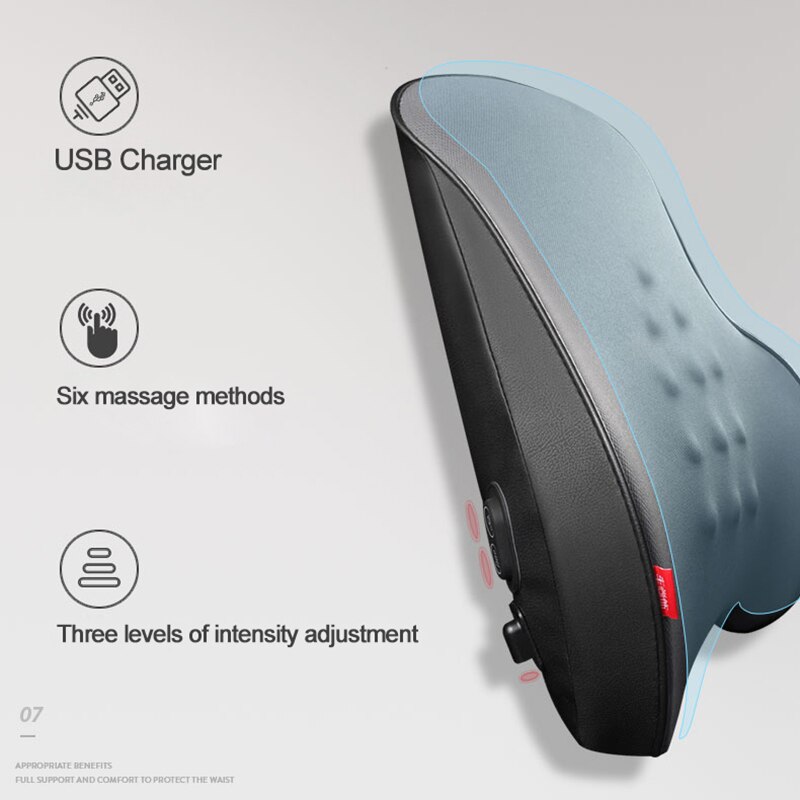 Auto Massage Kussen Rugleuning Ondersteunen Lumbale Kussen Verlichten Vermoeidheid Hals Usb Opladen Hoofdsteun Voor Office Home Auto Accessoires