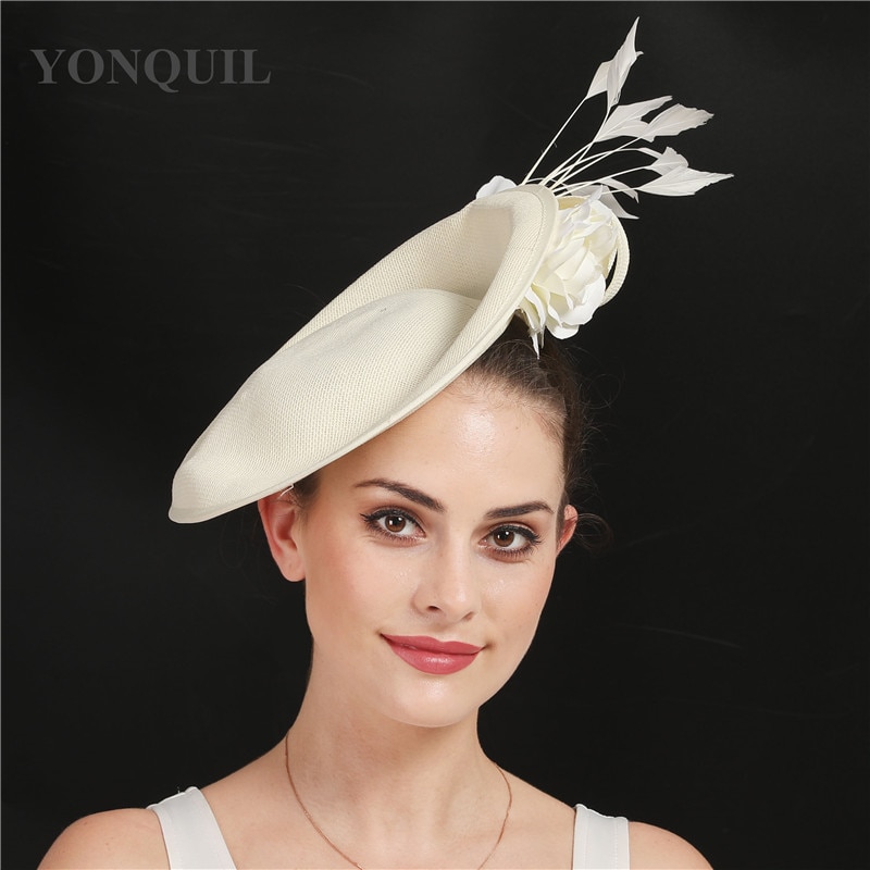 Accesorios para el cabello para boda Beige, sombrero de cóctel de imitación de lino de con flor, sombrero de de Derbi, sombreros y tocados de satén, SYF666