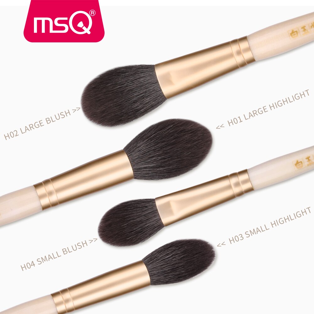 Msq 2 st sminkborstar set gethår highlight blusher puder stora sminkborstsatser guldhylsa naturligt trähandtag