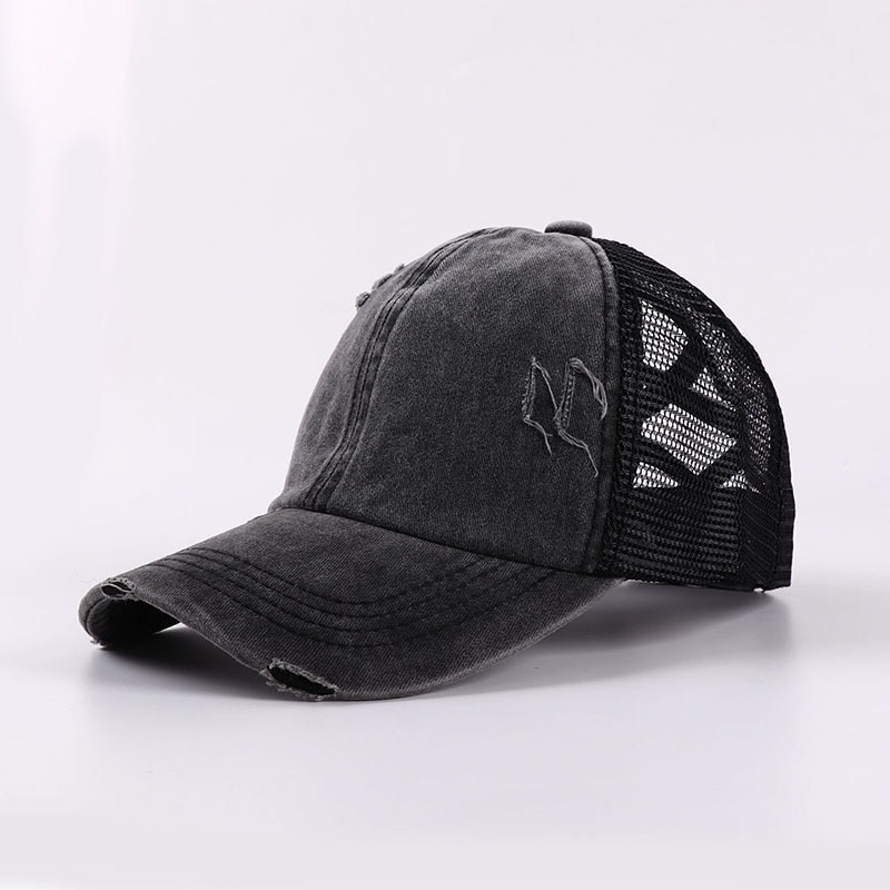 verano entrecruzado Cola de Caballo gorra de béisbol mujeres lavado algodón desordenado moño Pony Tail Hat Snapback malla camionero papá sombreros: Gris oscuro