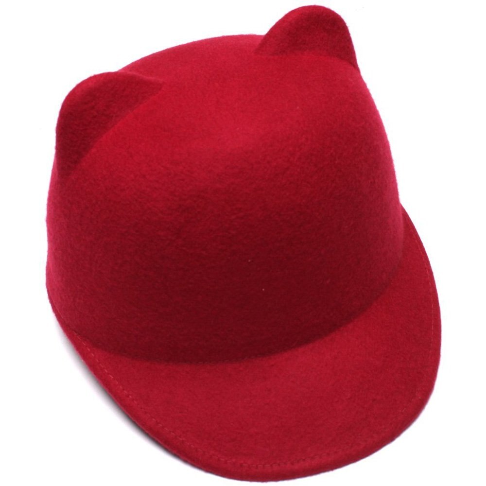 100%  uldpiger fedora hat vinter sorte djævlehorn sød kat øre dyr derby bowler dejlig kasket til børn: Rød