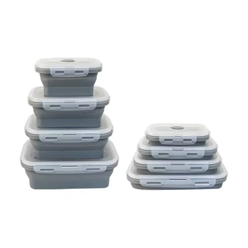 4 Pack Silicon Lunch Box Flat Stacks Collapsible Food Storage Containers With Lids Leftover Meal Box For Kitchen BPA Free