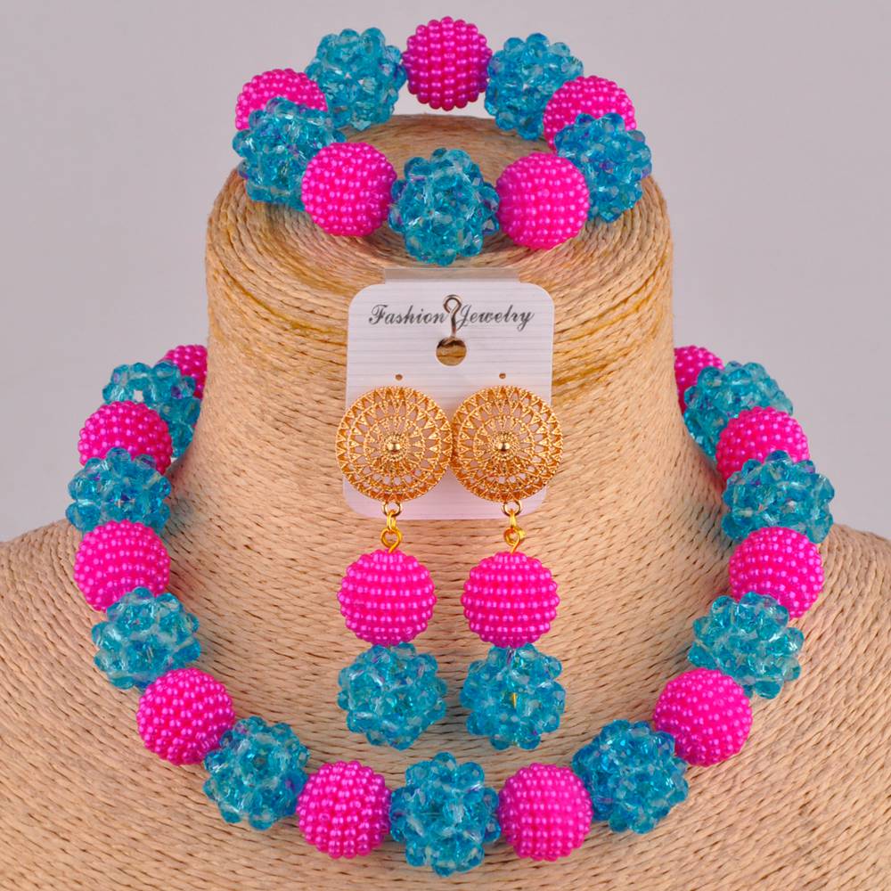 Royal Blue and Yelow African Beads Jewelry Set: Fuchsia Lake Blue