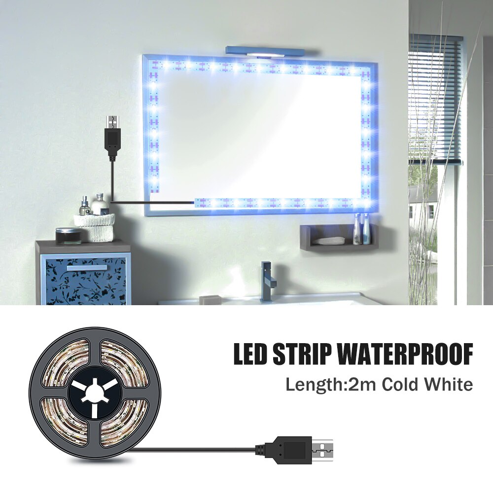Luz LED para espejo de maquillaje, luces de tocador Hollywood impermeables de 5V, 1M, 2M, 3M, 4M, 5M, para decoración de baño: 2M  Cold White