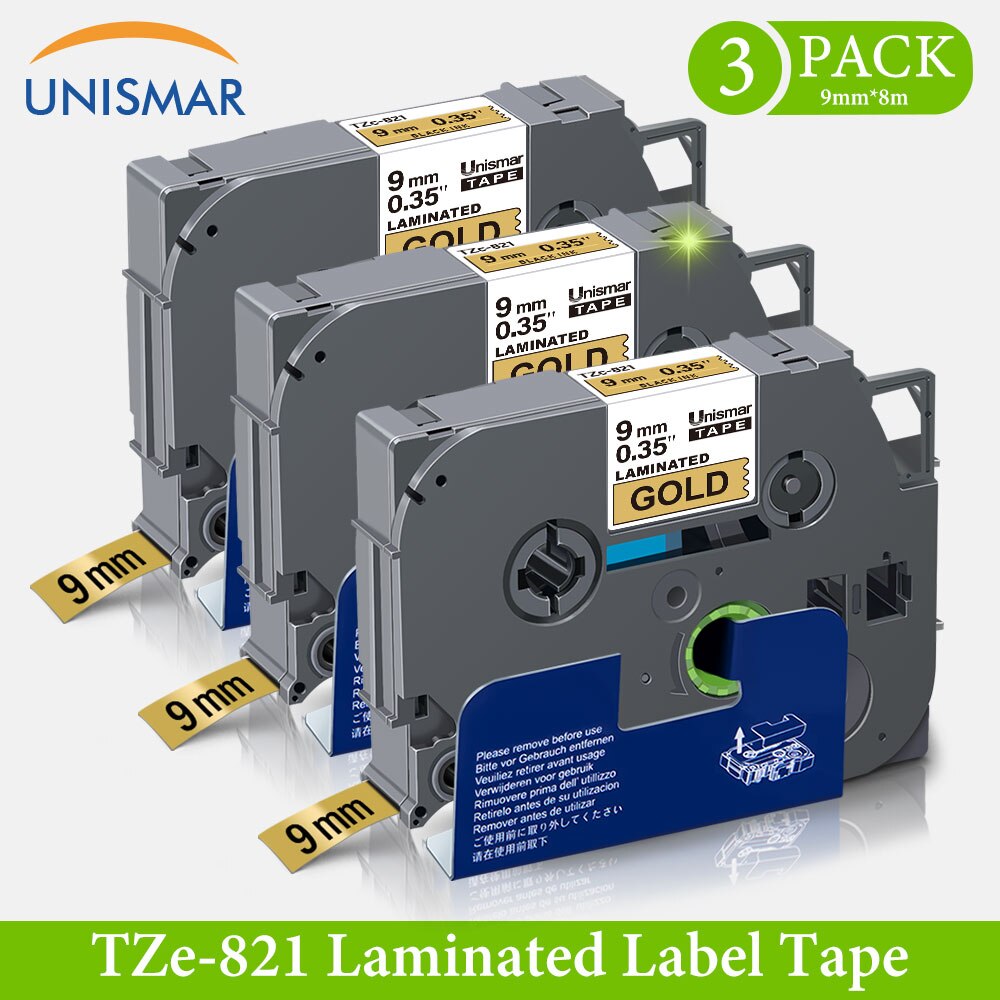3PK Black on Gold Ribbon Tape Replace Brother TZe-221 tze Label tze-821 tz821 9mm for P Touch Label Printer PT-D200 PT-P300BT
