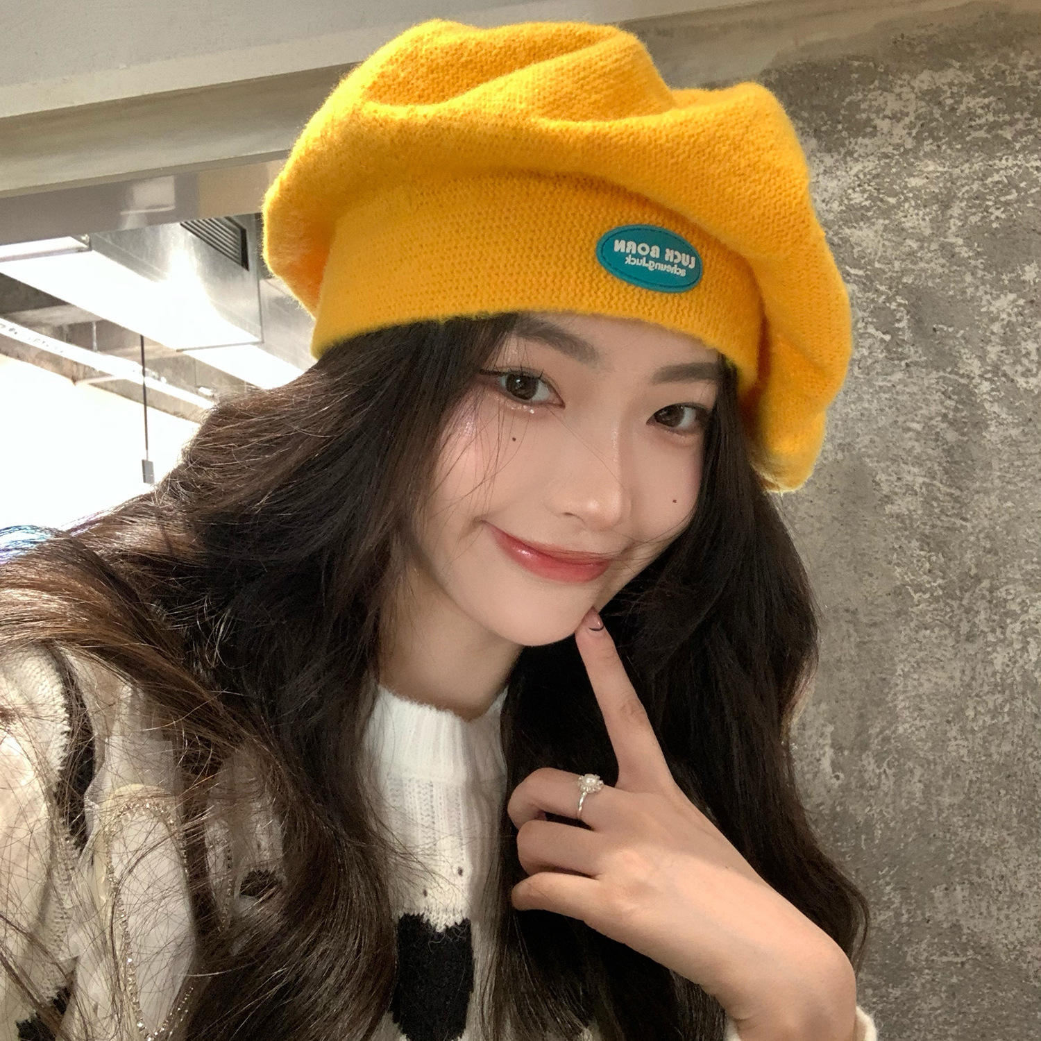 Béret tricoté avec écusson jaune Ins pour femme, chapeau de peintre japonais octogonal, rétro, , nuage, automne et hiver