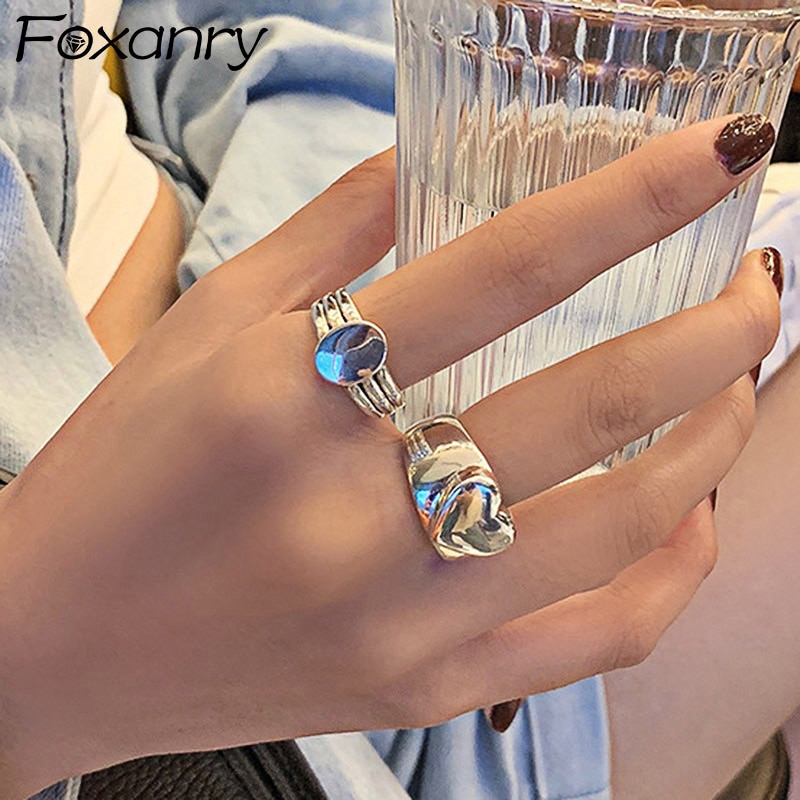 Foxanry 925 Sterling Zilver Glad Breedte Ringen Voor Vrouwen Mode Eenvoudige Liefde Hart Thai Zilveren Verjaardagsfeestje Sieraden